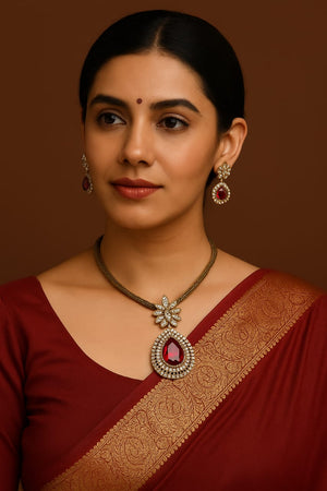 Traditional Ruby Drop Necklace ; Earring Set