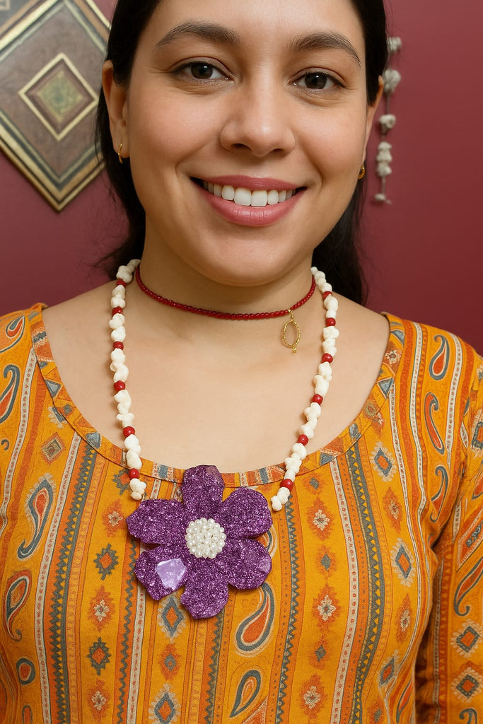 Purple Floral Resin Pendant Necklace with Pearl &amp; Bead Chain