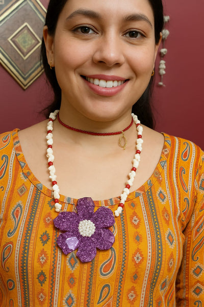 Purple Floral Resin Pendant Necklace with Pearl &amp; Bead Chain