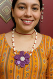 Purple Floral Resin Pendant Necklace with Pearl &amp; Bead Chain