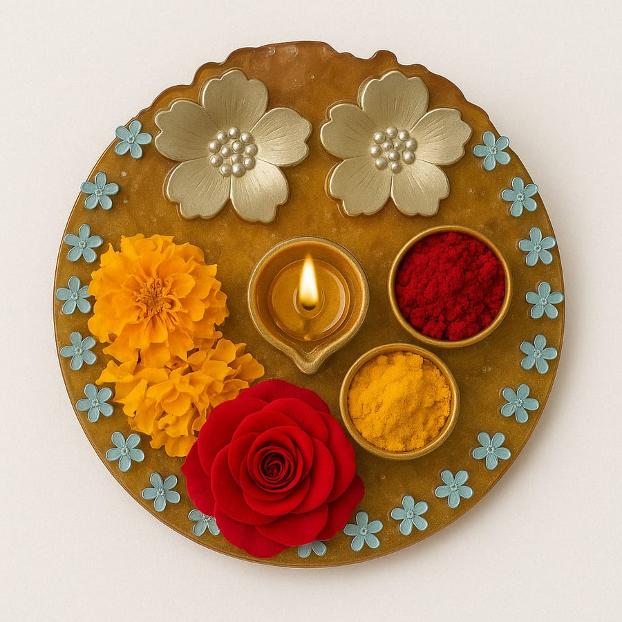 Elegant Resin Pooja Thali with Floral Embellishments