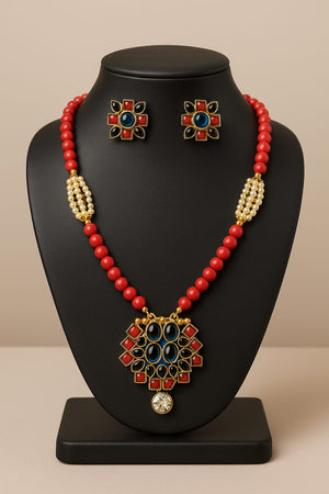 Regal Red Beads & Kundan Pendant Set