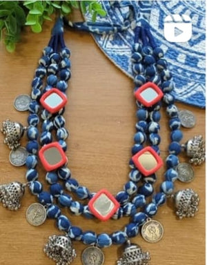 Handcrafted Indigo Bead Mirror Necklace with Coin & Ghungroo Charms