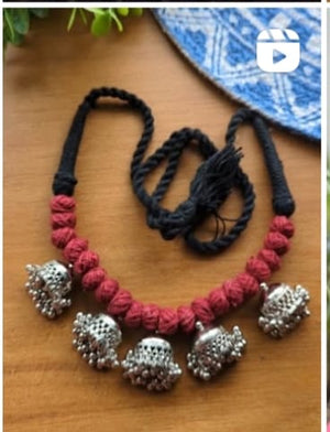 Handmade Maroon Thread Necklace with Silver Ghungroo Charms