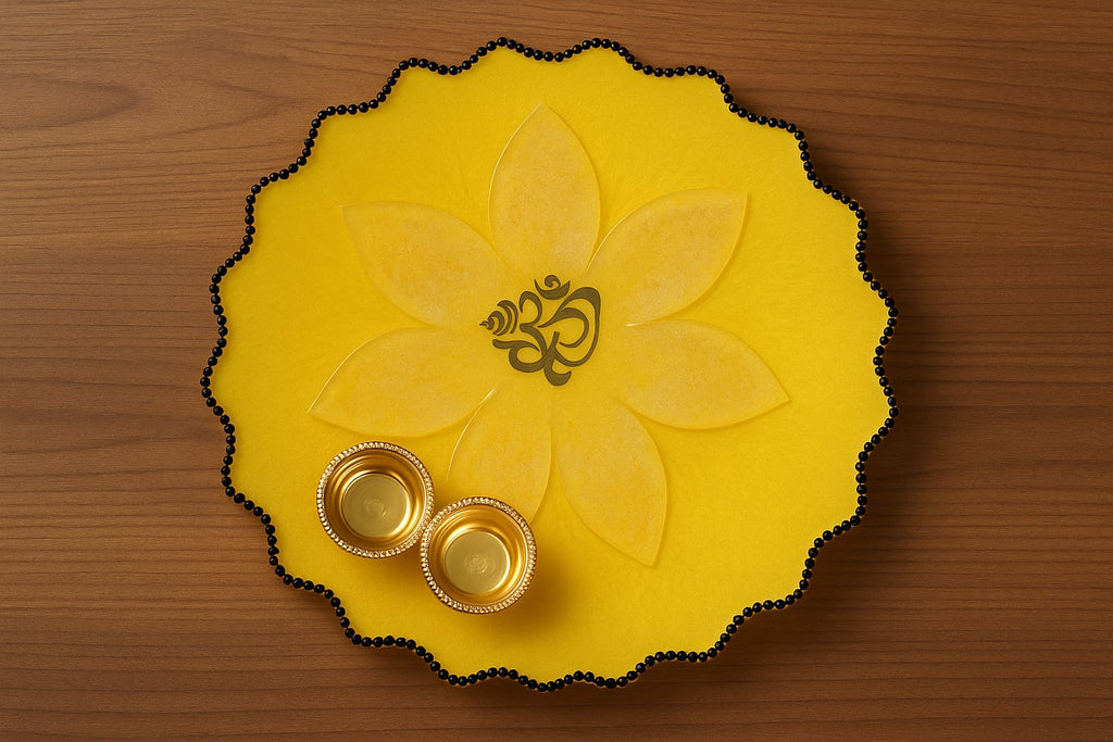 Bright Yellow Decorative Pooja Thali with Om Motif 🌼