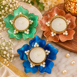Handcrafted Lotus Resin Candle & Diya Holder Set (Set of 4, 4 Inches)