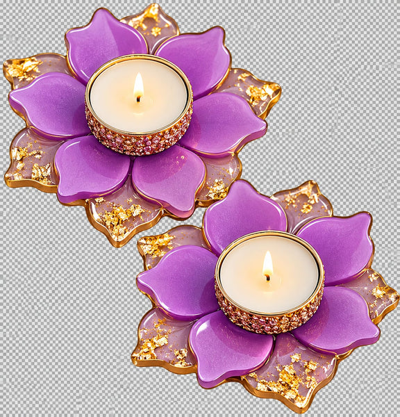 Handcrafted Purple & Gold Foil Lotus Resin Candle & Diya Holder Set (Set of 4, 4 Inches)