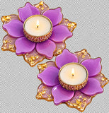 Handcrafted Purple & Gold Foil Lotus Resin Candle & Diya Holder Set (Set of 4, 4 Inches)