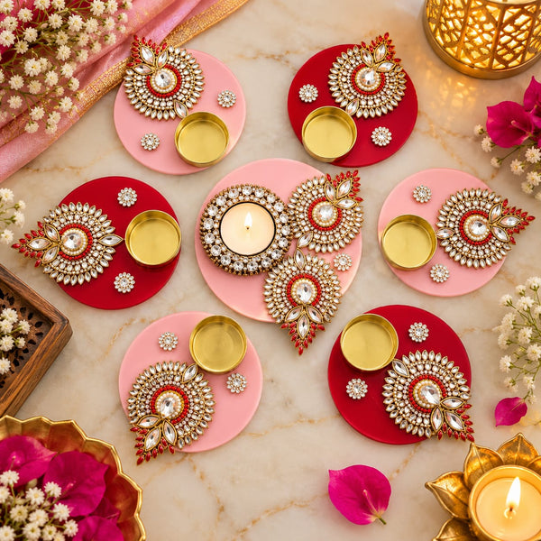 Handcrafted Kundan Embellished Acrylic Candle & Diya Holder Set (Set of 4, 4 Inches)