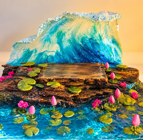 Handcrafted Ocean Wave & Lotus Resin Murti Stand