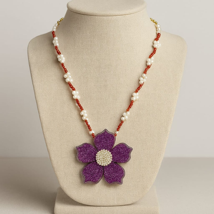 Purple Floral Resin Pendant Necklace with Pearl &amp; Bead Chain