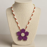 Purple Floral Resin Pendant Necklace with Pearl &amp; Bead Chain