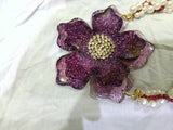 Purple Floral Resin Pendant Necklace with Pearl &amp; Bead Chain