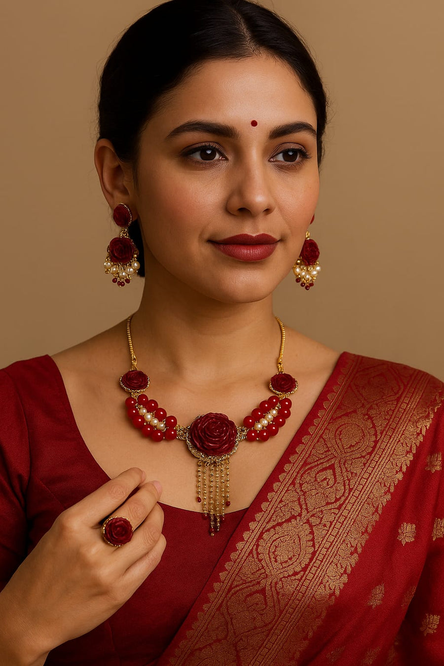 Red Rose Beaded Jewellery Set – Necklace, Earrings & Ring