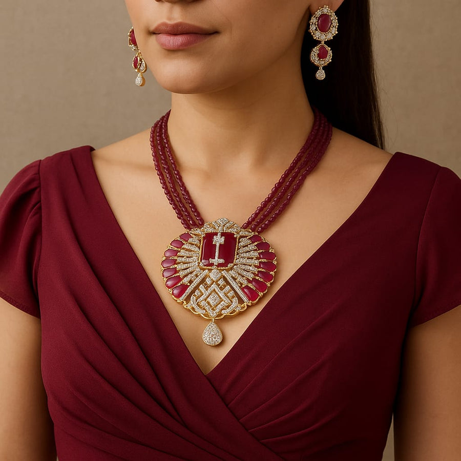 Modern Statement Necklace Set – Ruby & CZ Elegance