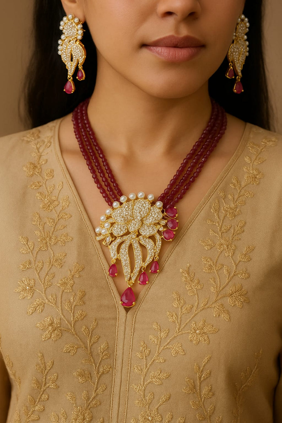 Modern Pearl & Ruby Drop Necklace Set