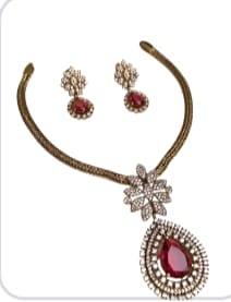 Traditional Ruby Drop Necklace ; Earring Set